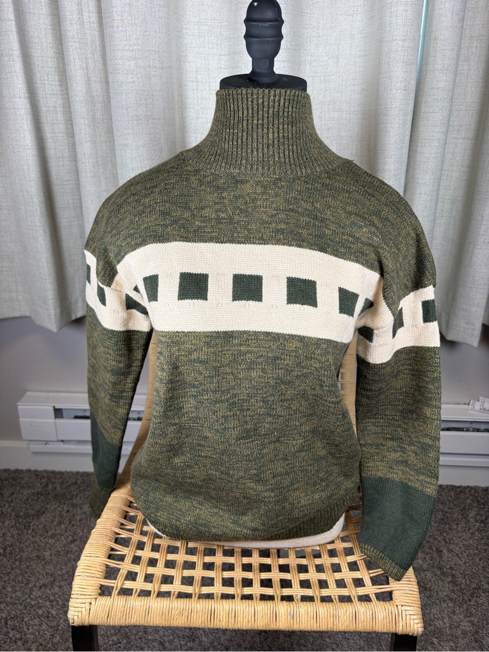 Olive Green Mock Neck Sweater with Cream Stripe